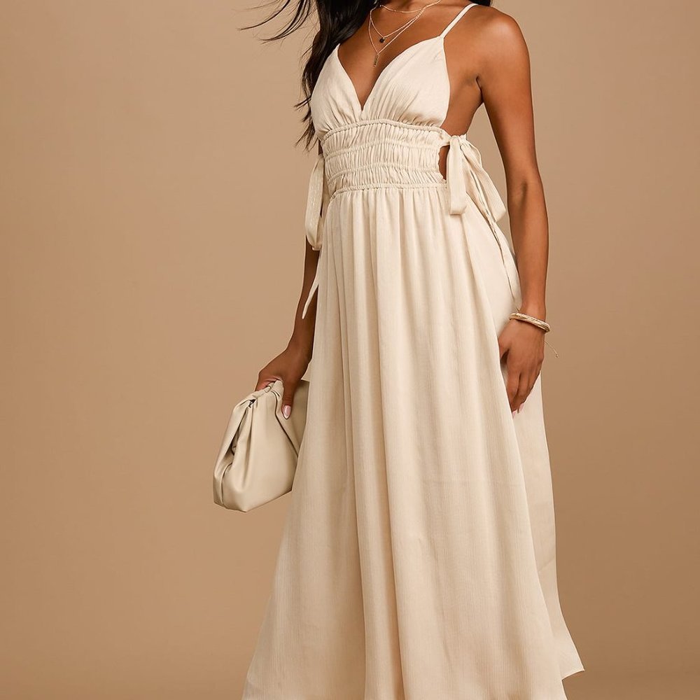 Cream Midi Dress - Sunny Season Cream Sleeveless Side-Tie Midi Dress